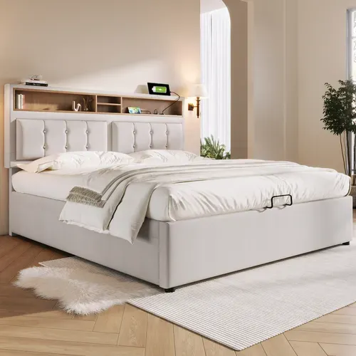 Lit Coffre Lit 160x200 Lit 2 Place, Tête De Lit Avec Chargement USB C Et Rangement, Lin, Beige