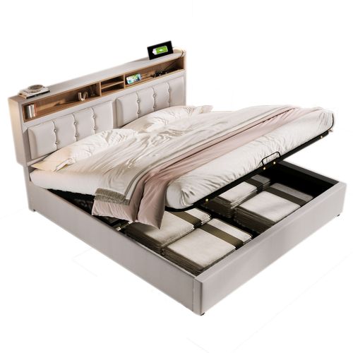 Lit Coffre Lit 160x200 Lit 2 Place, Tête De Lit Avec Chargement USB C Et Rangement, Lin, Beige
