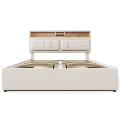 Lit Coffre Lit 160x200 Lit 2 Place, Tête De Lit Avec Chargement USB C Et Rangement, Lin, Beige