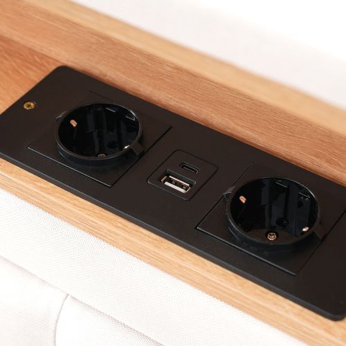 Lit Coffre Lit 160x200 Lit 2 Place, Tête De Lit Avec Chargement USB C Et Rangement, Lin, Beige