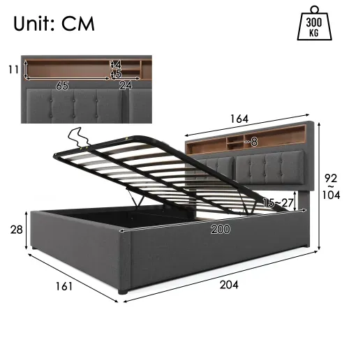 Lit Coffre 160x200 Lit 2 Place avec Tête de Lit Réglable et Prises USB, Rangement, Tissu Lin, Gris