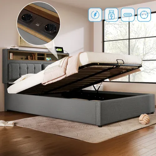 Lit Coffre 160x200 Lit 2 Place avec Tête de Lit Réglable et Prises USB, Rangement, Tissu Lin, Gris