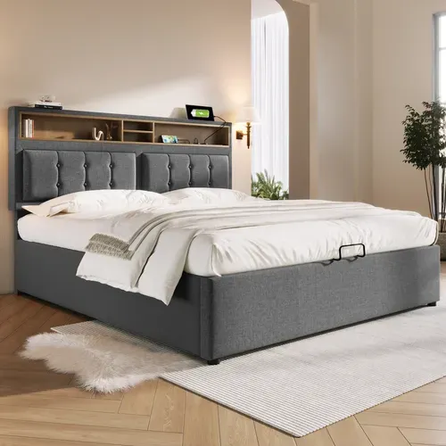 Lit Coffre 160x200 Lit 2 Place avec Tête de Lit Réglable et Prises USB, Rangement, Tissu Lin, Gris