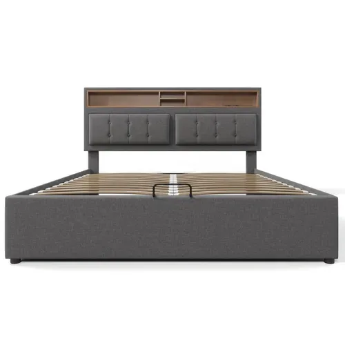 Lit Coffre 160x200 Lit 2 Place avec Tête de Lit Réglable et Prises USB, Rangement, Tissu Lin, Gris