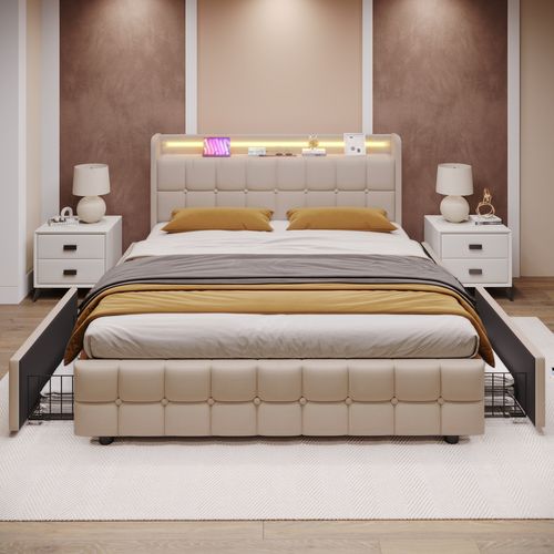 Lit Double 160x200 Cm Avec Tête De Lit Capitonnée, LED, Ports USB Et 4 Tiroirs - Lin Beige, Moderne