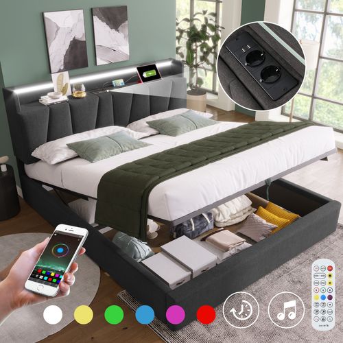 Lit Coffre Adulte 160x200 Cm Lit 2 Place Avec Chargeur USB , LED Et Tête De Lit Rangement, Lin, Gris
