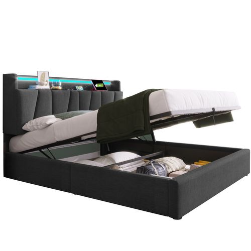 Lit Coffre Adulte 160x200 Cm Lit 2 Place Avec Chargeur USB , LED Et Tête De Lit Rangement, Lin, Gris