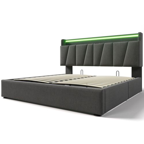 Lit Coffre Adulte 160x200 Cm Lit 2 Place Avec Chargeur USB , LED Et Tête De Lit Rangement, Lin, Gris