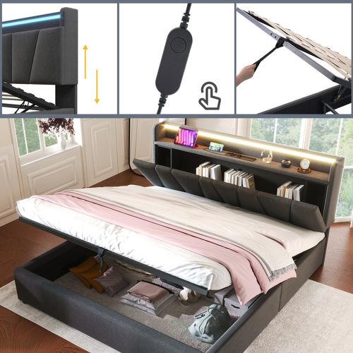 Lit Coffre Adulte 160x200 Cm Lit 2 Place Avec Chargeur USB , LED Et Tête De Lit Rangement, Lin, Gris