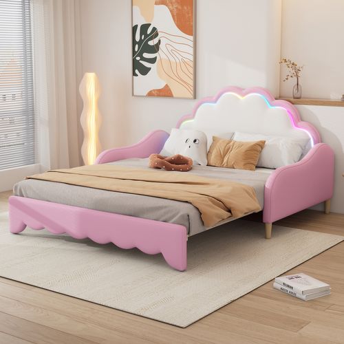 Lit Gigogne Lit Adulte 140x200cm, Lit 2 Place Pour Salon, Tête De Lit Avec Éclairage LED, Pu, ​​rose