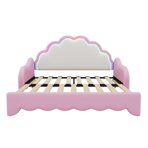 Lit Gigogne Lit Adulte 140x200cm, Lit 2 Place Pour Salon, Tête De Lit Avec Éclairage LED, Pu, ​​rose