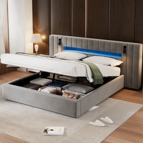Lit Coffre Adulte 180x200 Cm Lit 2 Place Avec Port USB, LED Et Lampe De Chevet, Velours, Gris