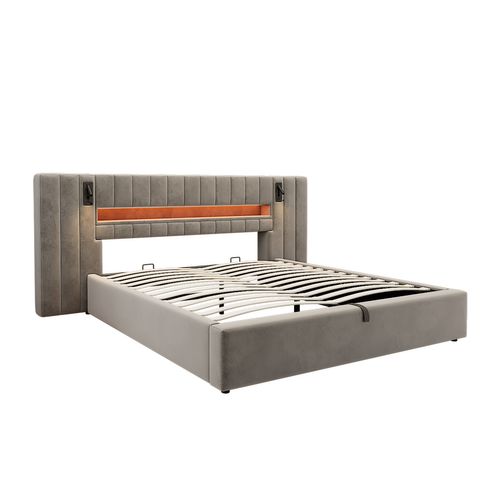 Lit Coffre Adulte 180x200 Cm Lit 2 Place Avec Port USB, LED Et Lampe De Chevet, Velours, Gris