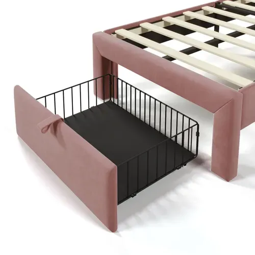 Lit Enfant 90x200 Cm, Lit Tapissé Avec LED，tête De Lit  Et Tiroir, Velours, Rose