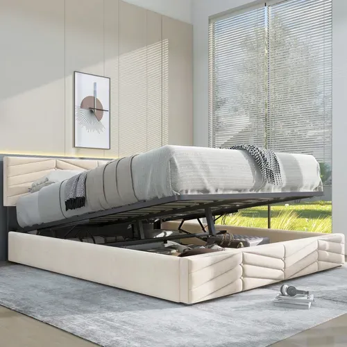 Lit Coffre Adulte Lit 140x190, Avec Fond, Tête De Lit Réglable En Hauteur, Velours, Beige