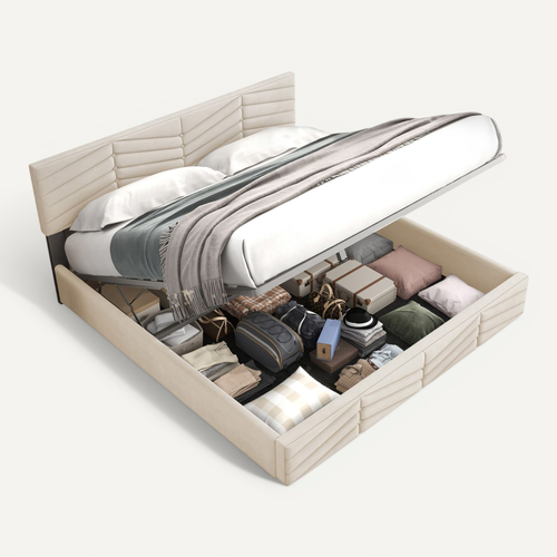 Lit Coffre Adulte Lit 140x190, Avec Fond, Tête De Lit Réglable En Hauteur, Velours, Beige
