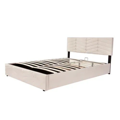 Lit Coffre Adulte Lit 140x190, Avec Fond, Tête De Lit Réglable En Hauteur, Velours, Beige