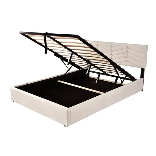 Lit Coffre Adulte Lit 140x190, Avec Fond, Tête De Lit Réglable En Hauteur, Velours, Beige