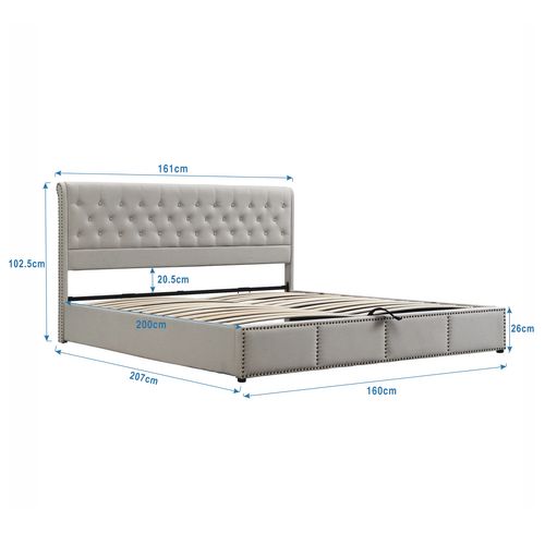Lit Coffre 160x200 Cm, Lit Adulte 2 Place, Avec Tête De Lit, Décor Clouté, Coton + Lin, Gris Clair