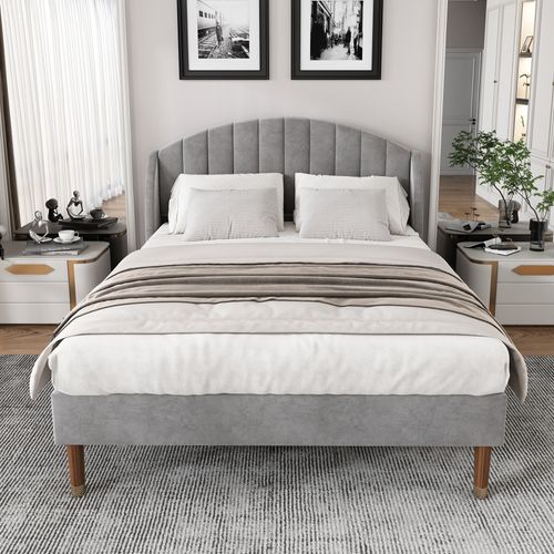 Lit Adulte Lit Double 160x200cm, Tête De Lit Capitonnée Avec Sommier à Lattes, Velours, Gris