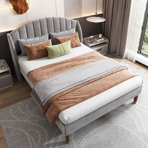 Lit Adulte Lit Double 160x200cm, Tête De Lit Capitonnée Avec Sommier à Lattes, Velours, Gris
