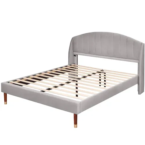 Lit Adulte Lit Double 160x200cm, Tête De Lit Capitonnée Avec Sommier à Lattes, Velours, Gris