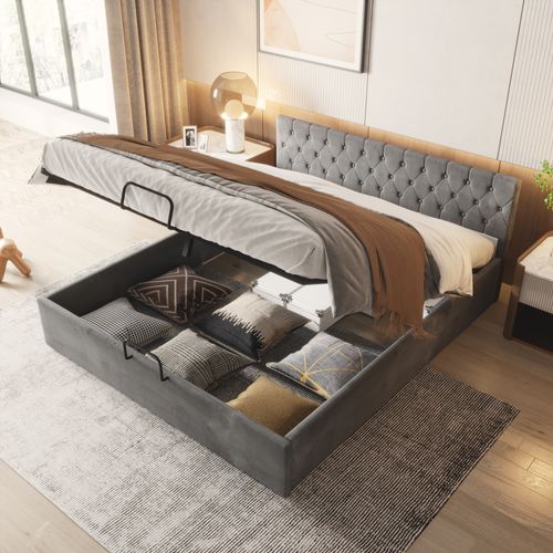 Lit Coffre Lit Adulte Lit Double 180x200 Cm, Tête De Lit Capitonnée Avec Sommier À Lattes, Gris