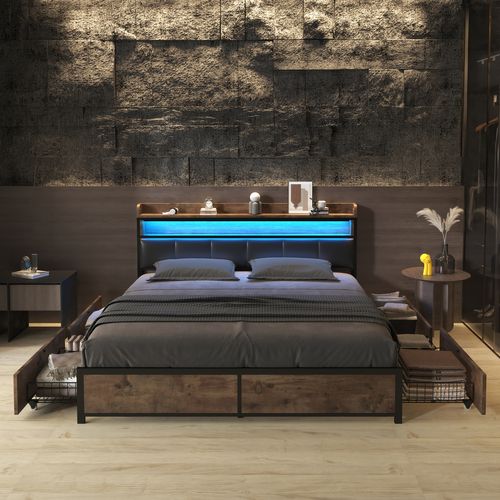 Lit Adulte LED 160x200 Cm, Lit 2 Place, Avec 4 Tiroirs De Rangement, Structure En Fer, Pu, ​​noir