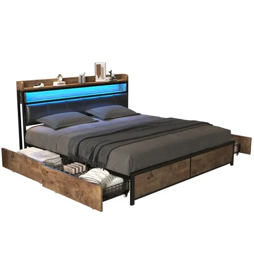 Lit Adulte LED 160x200 Cm, Lit 2 Place, Avec 4 Tiroirs De Rangement, Structure En Fer, Pu, ​​noir