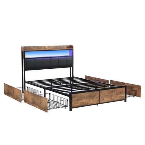 Lit Adulte LED 160x200 Cm, Lit 2 Place, Avec 4 Tiroirs De Rangement, Structure En Fer, Pu, ​​noir