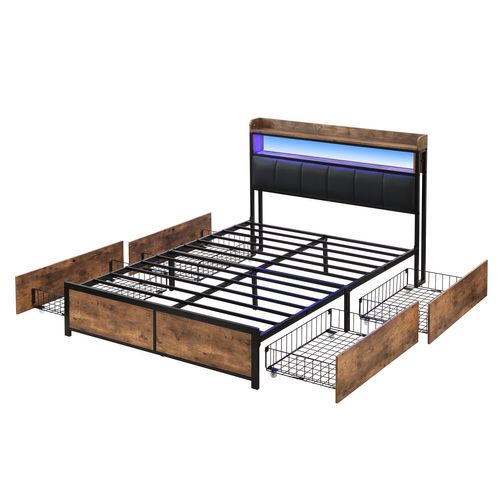 Lit Adulte LED 160x200 Cm, Lit 2 Place, Avec 4 Tiroirs De Rangement, Structure En Fer, Pu, ​​noir
