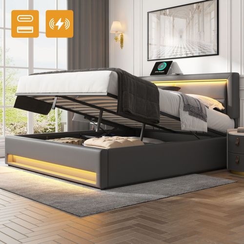 Lit Adulte Lit Coffre 140x190 Cm, Lit 2 Place Avec Port De Charge USB Et Éclairage LED, Pu, ​​gris