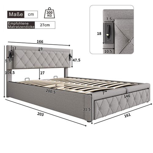 Lit Coffre Pour Adulte, Lit 2 Place 160 X 200 Cm, Rembourré, Avec Éclairage Et Port USB, Lin, Gris