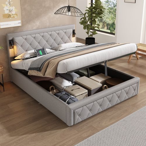 Lit Coffre Pour Adulte, Lit 2 Place 160 X 200 Cm, Rembourré, Avec Éclairage Et Port USB, Lin, Gris