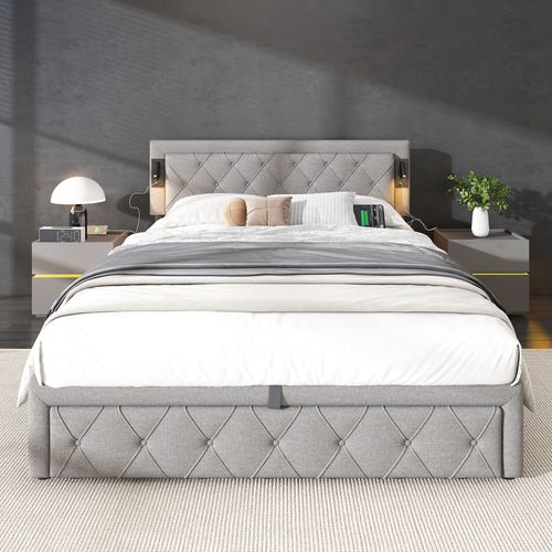 Lit Coffre Pour Adulte, Lit 2 Place 160 X 200 Cm, Rembourré, Avec Éclairage Et Port USB, Lin, Gris