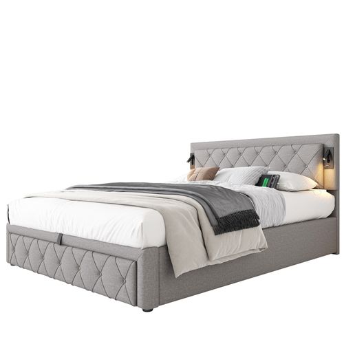 Lit Coffre Pour Adulte, Lit 2 Place 160 X 200 Cm, Rembourré, Avec Éclairage Et Port USB, Lin, Gris