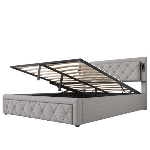 Lit Coffre Pour Adulte, Lit 2 Place 160 X 200 Cm, Rembourré, Avec Éclairage Et Port USB, Lin, Gris