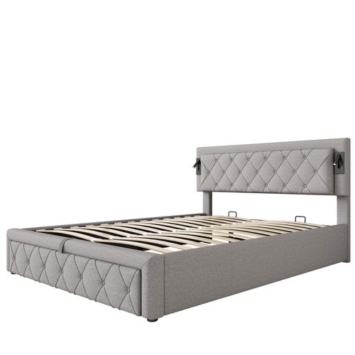 Lit Coffre Pour Adulte, Lit 2 Place 160 X 200 Cm, Rembourré, Avec Éclairage Et Port USB, Lin, Gris