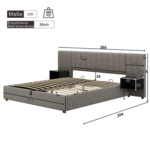 Lit Coffre Lit Adulte 180x200 Cm, Tête De Lit Large Avec 2 Tables De Chevet, Lin, Gris + Noir