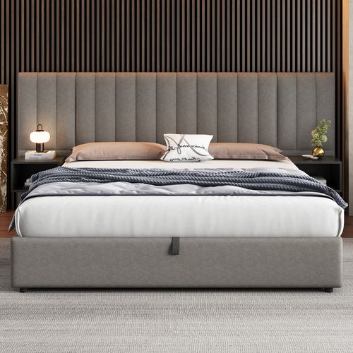 Lit Coffre Lit Adulte 180x200 Cm, Tête De Lit Large Avec 2 Tables De Chevet, Lin, Gris + Noir