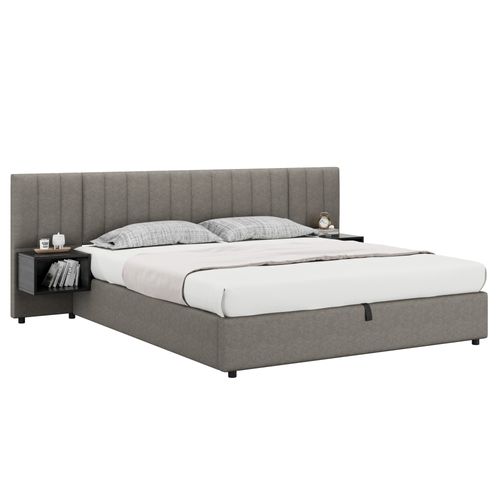Lit Coffre Lit Adulte 180x200 Cm, Tête De Lit Large Avec 2 Tables De Chevet, Lin, Gris + Noir