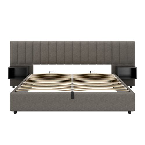 Lit Coffre Lit Adulte 180x200 Cm, Tête De Lit Large Avec 2 Tables De Chevet, Lin, Gris + Noir