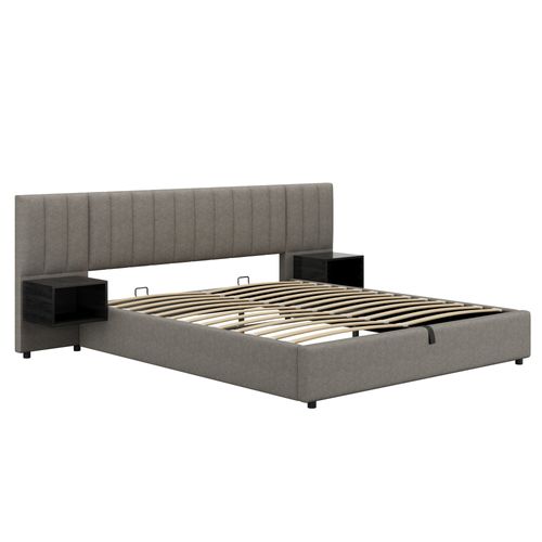 Lit Coffre Lit Adulte 180x200 Cm, Tête De Lit Large Avec 2 Tables De Chevet, Lin, Gris + Noir