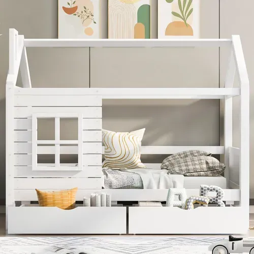 Lit Cabane Enfant 90x200cm, Lit Simple Avec Fenêtre Anti-chute, 2 Tiroirs, En Bois, Blanc