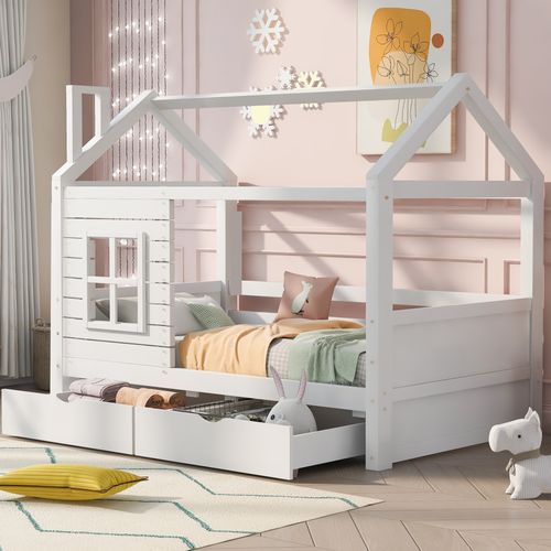 Lit Cabane Enfant 90x200cm, Lit Simple Avec Fenêtre Anti-chute, 2 Tiroirs, En Bois, Blanc