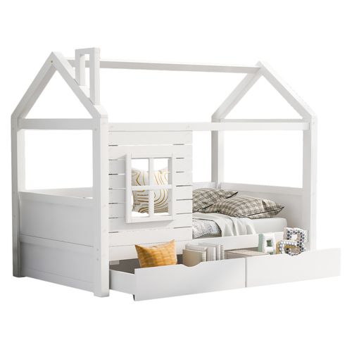 Lit Cabane Enfant 90x200cm, Lit Simple Avec Fenêtre Anti-chute, 2 Tiroirs, En Bois, Blanc
