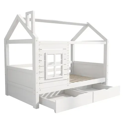 Lit Cabane Enfant 90x200cm, Lit Simple Avec Fenêtre Anti-chute, 2 Tiroirs, En Bois, Blanc