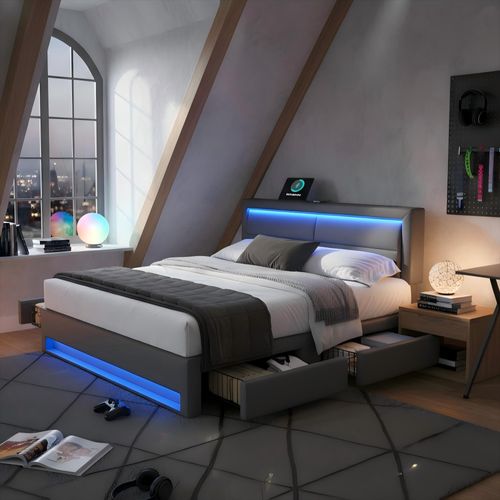 Lit Adulte 140x190 Cm, Lit 2 Place Avec Port De Charge USB Et Éclairage LED, 4 Tiroirs, Pu, ​​gris