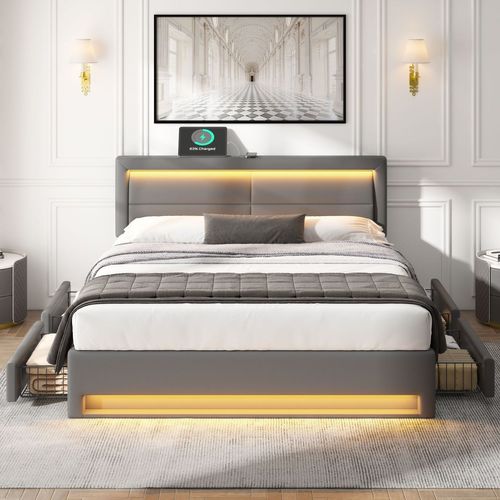 Lit Adulte 140x190 Cm, Lit 2 Place Avec Port De Charge USB Et Éclairage LED, 4 Tiroirs, Pu, ​​gris