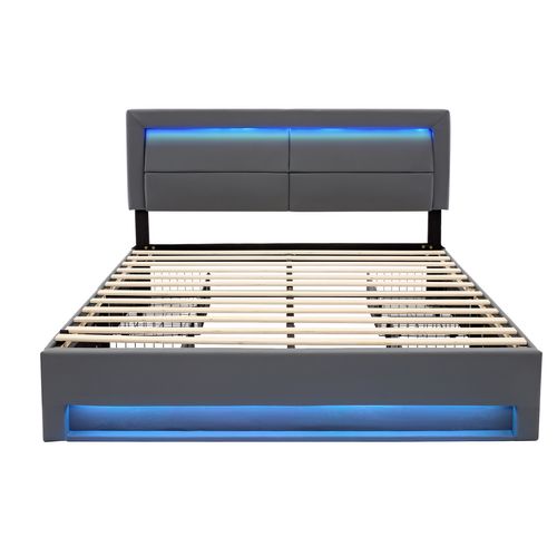 Lit Adulte 140x190 Cm, Lit 2 Place Avec Port De Charge USB Et Éclairage LED, 4 Tiroirs, Pu, ​​gris